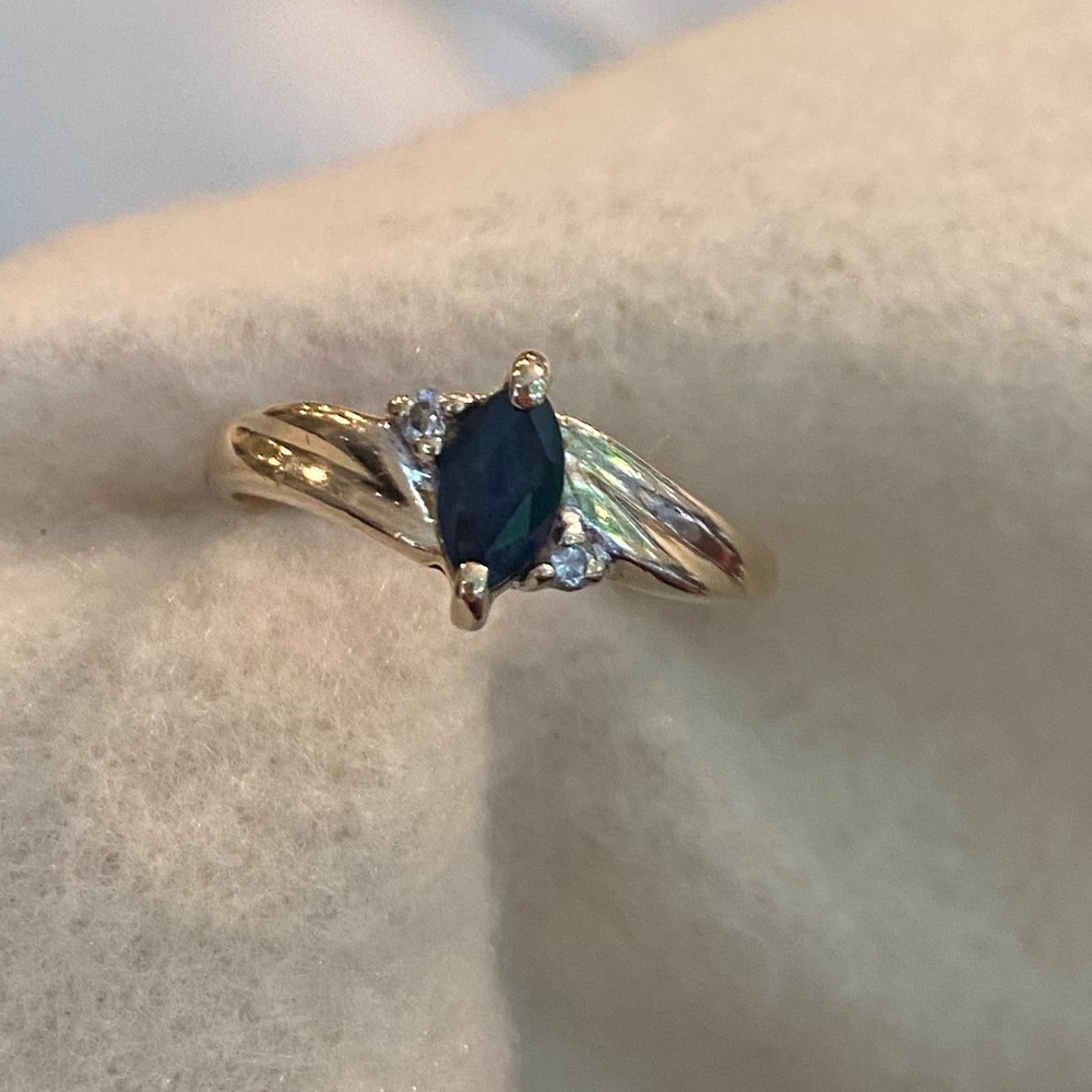 14k yellow gold ring sapphire marquis diamond accent vintage size 7